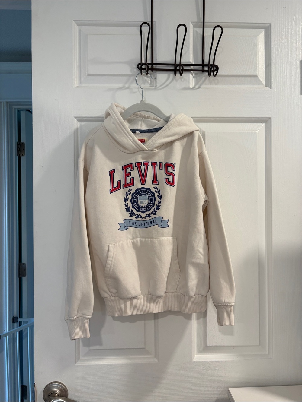 Levi's Cream Pullover Hoodie with Red & Blue Logo